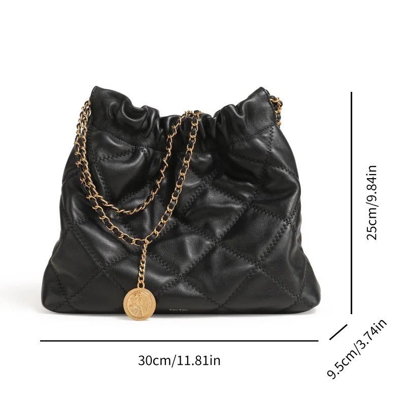 Genuine Leather Quilted Large Capacity Crossbody Bag With Chain Strap - Image 2