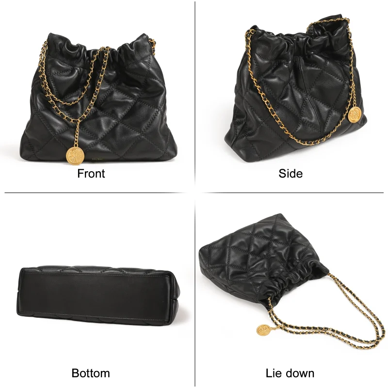 Genuine Leather Quilted Large Capacity Crossbody Bag With Chain Strap - Image 4