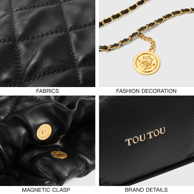 Genuine Leather Quilted Large Capacity Crossbody Bag With Chain Strap - Image 5