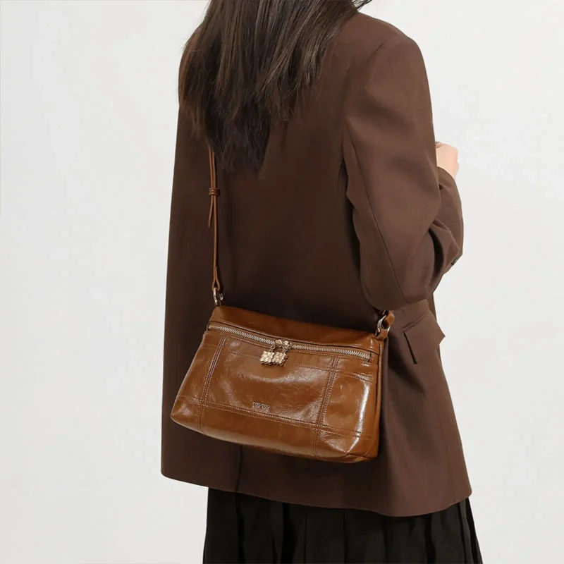 Retro Bright Leather Messenger Bag - Image 3