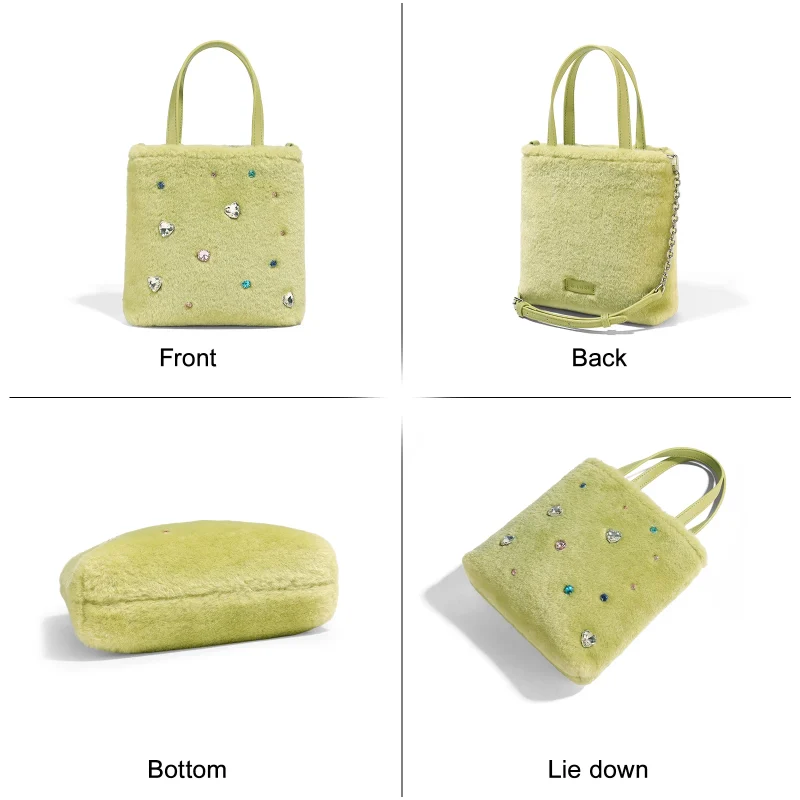 Cute Green Fur Diamond-Studded Tote Bag - Image 3