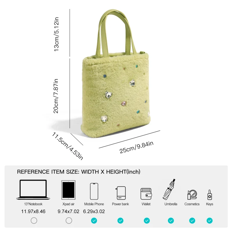 Cute Green Fur Diamond-Studded Tote Bag - Image 4