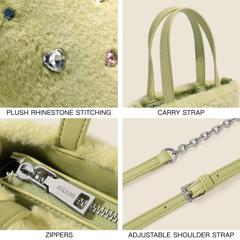 Cute Green Fur Diamond-Studded Tote Bag - Image 5