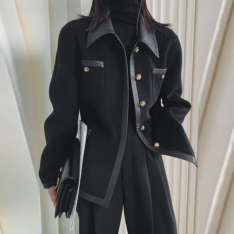 Split-Joint Lapel Collar Jackets Buttons Black Outwear - Image 2