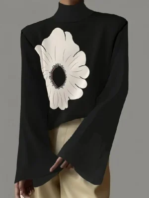 Flared Sleeves Flower Print High-Neck T-Shirt