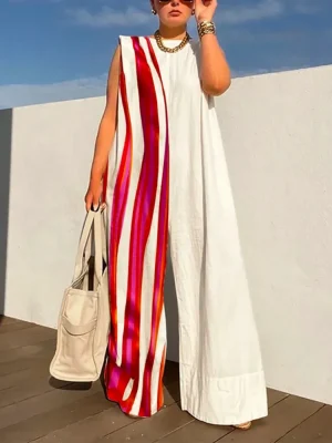 Striped Contrast Color Wide Leg Jumpsuits