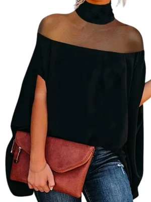 See-Through Batwing Sleeves High-neck Causal Shirts