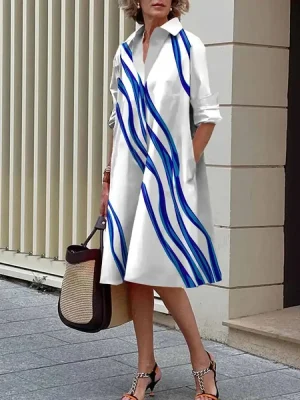 Striped Printed Long Sleeves Lapel Midi Dress