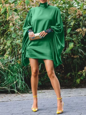 Vintage Green Buttoned Solid Color High-Neck Banquet Mini Dress