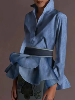 Buttoned Ruffled Lapel Blouse with Belt