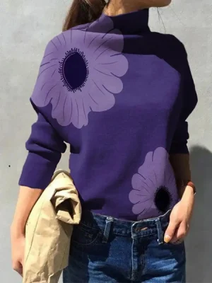 Flower Printed Purple High Neck T-Shirts