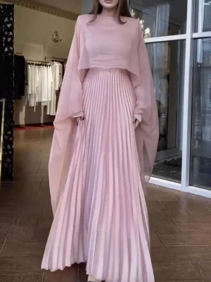 Pink Solid Color A-Line Pleated Dress