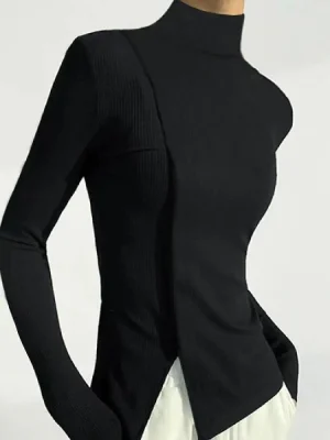 Long Sleeves Solid Color Split-Joint High Neck T-Shirt