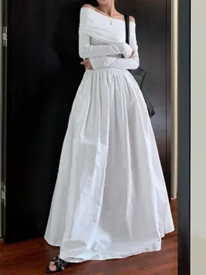 Black White Solid Color Off-The-Shoulder A-Line Long Dress