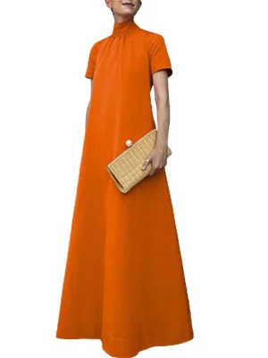 Loose Short Sleeves Orange Solid Color High-Neck Maxi