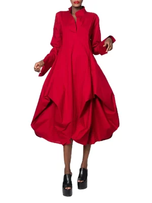 Solid Color Loose Stand-Collar Long Sleeves Yeezzi Elegant Red Dress