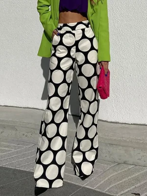 White Black Contrast Color Polka-Dot Printed Wide Leg Pants