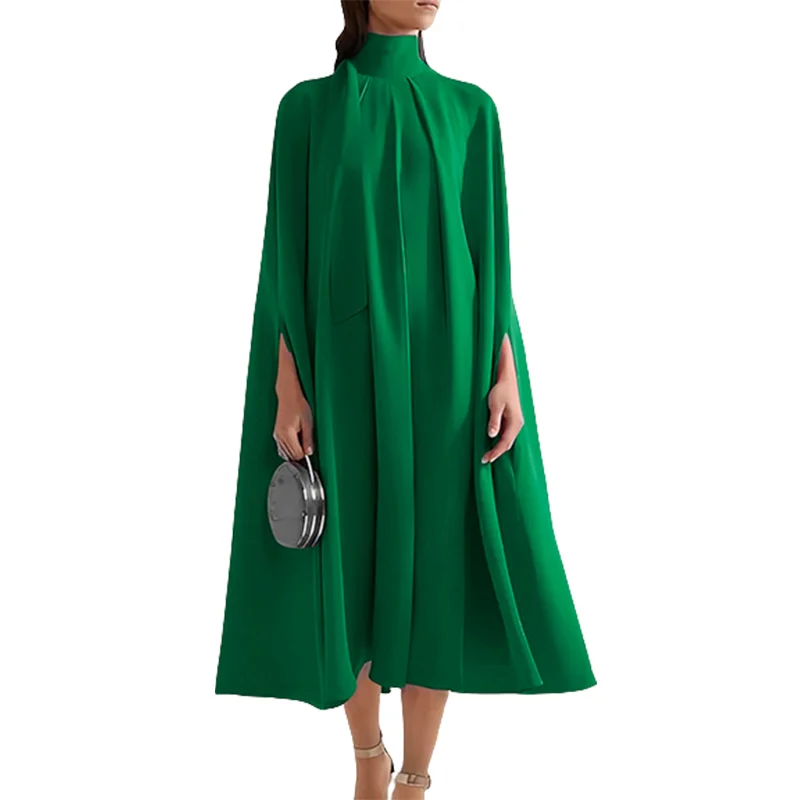 Batwing Sleeves Lace-Up Solid Color High-Neck Midi Dress - Image 3