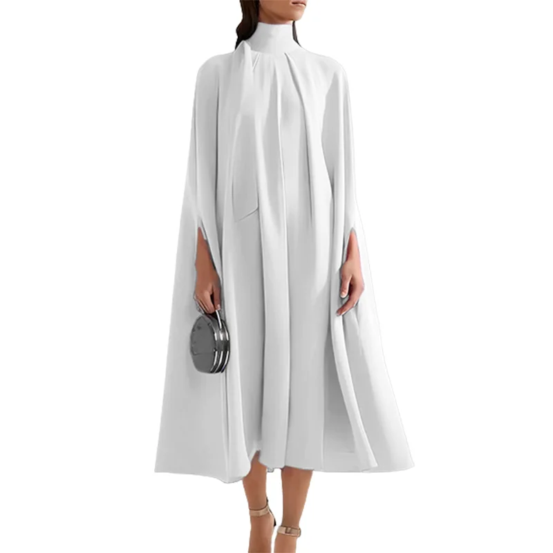 Batwing Sleeves Lace-Up Solid Color High-Neck Midi Dress - Image 4