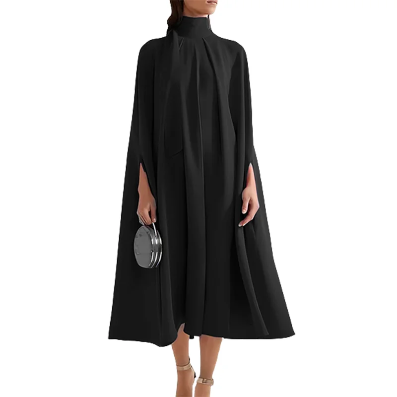 Batwing Sleeves Lace-Up Solid Color High-Neck Midi Dress - Image 5