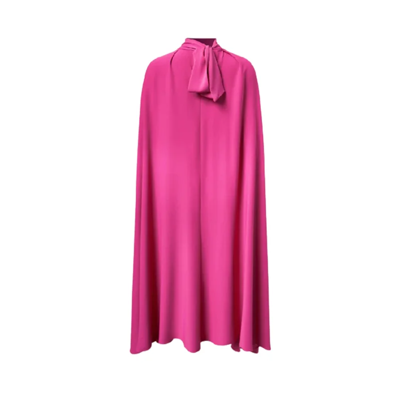 Batwing Sleeves Lace-Up Solid Color High-Neck Midi Dress - Image 6