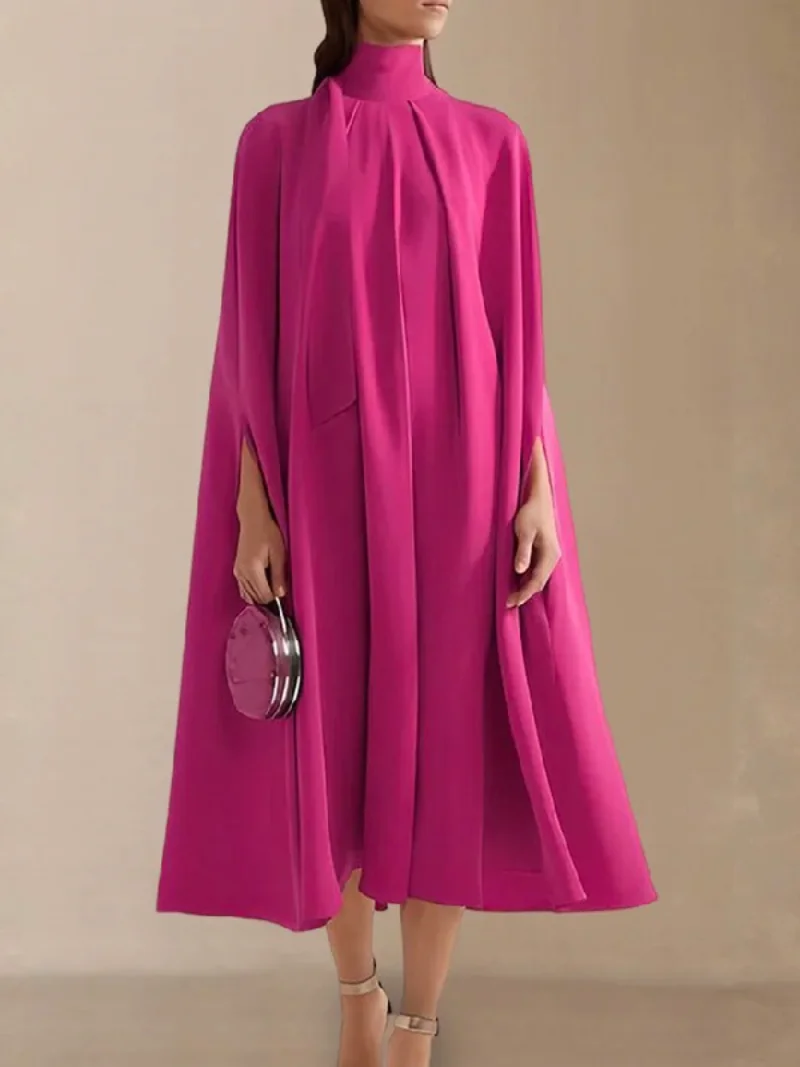 Batwing Sleeves Lace-Up Solid Color High-Neck Midi Dress - Image 2