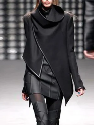 Asymmetric Solid Color Split-Joint High-Neck Jackets