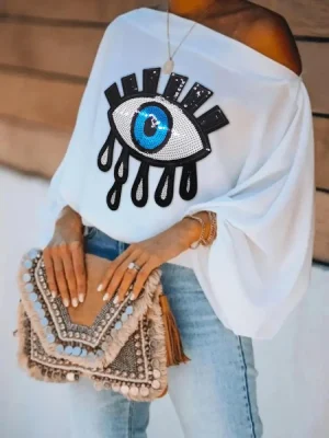 Causal Blue Eye Applique Cool Shoulder T-Shirt