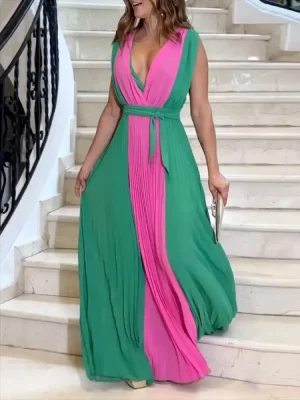 Contrast Color Sexy V-Neck Pleated A-Line Prom Dress