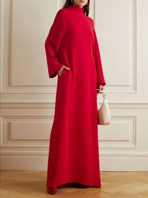 Hollow Pockets Solid Color High-Neck Maxi Dress