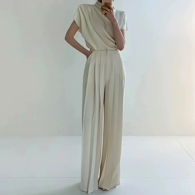 Korean Fashion Black White Pleated Wide Leg Pants - Image 2