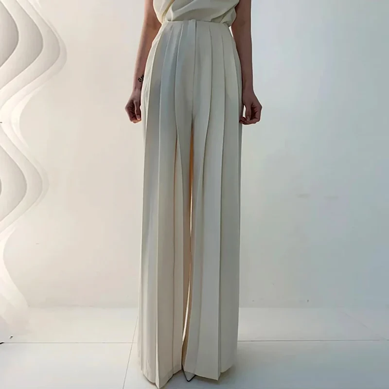 Korean Fashion Black White Pleated Wide Leg Pants - Image 3