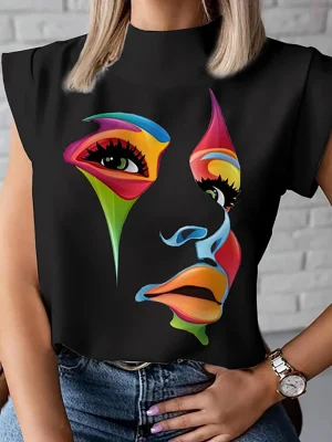 Korean Fashion Face Printed Black White Tops