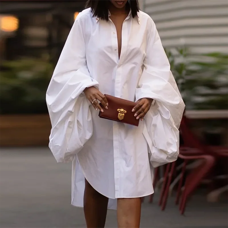 Puff Sleeve Loose Pleated Lapel White Dress - Image 2