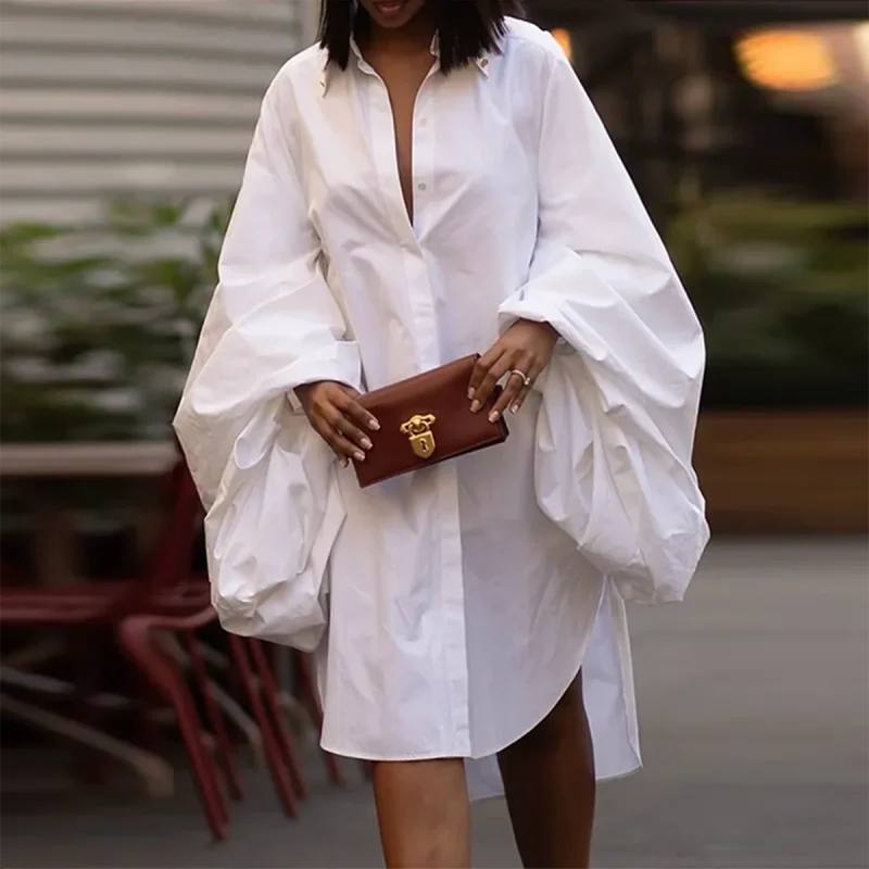 Puff Sleeve Loose Pleated Lapel White Dress - Image 3