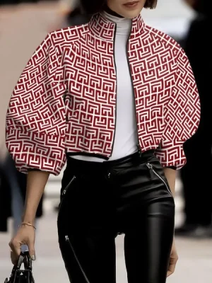 Printed Puff Sleeve Stand Collar Jackets