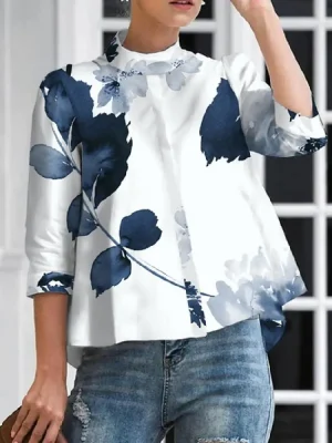 Floral Printed Stand Collar Blouse