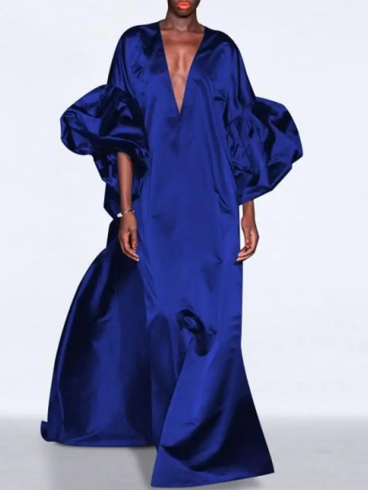 Solid Color Puff Sleeve V-Neck Prom Maxi Dress - Image 3