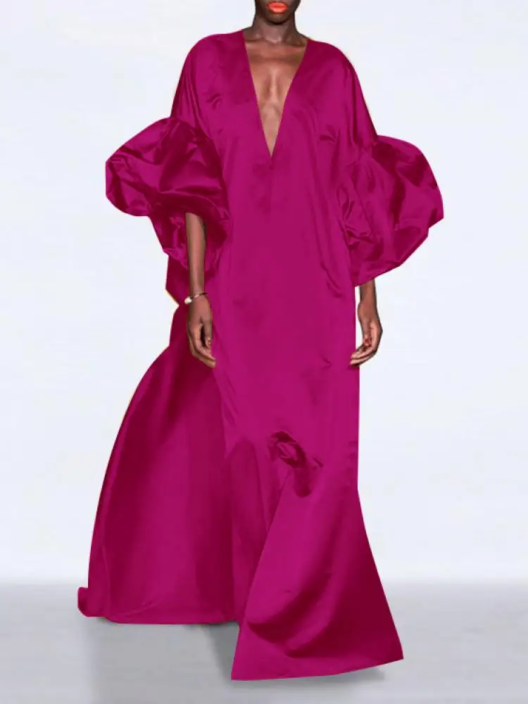 Solid Color Puff Sleeve V-Neck Prom Maxi Dress - Image 4