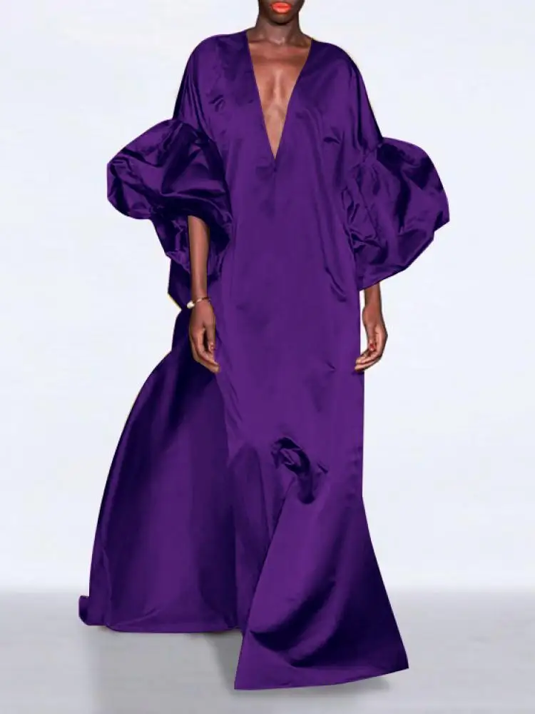 Solid Color Puff Sleeve V-Neck Prom Maxi Dress - Image 2