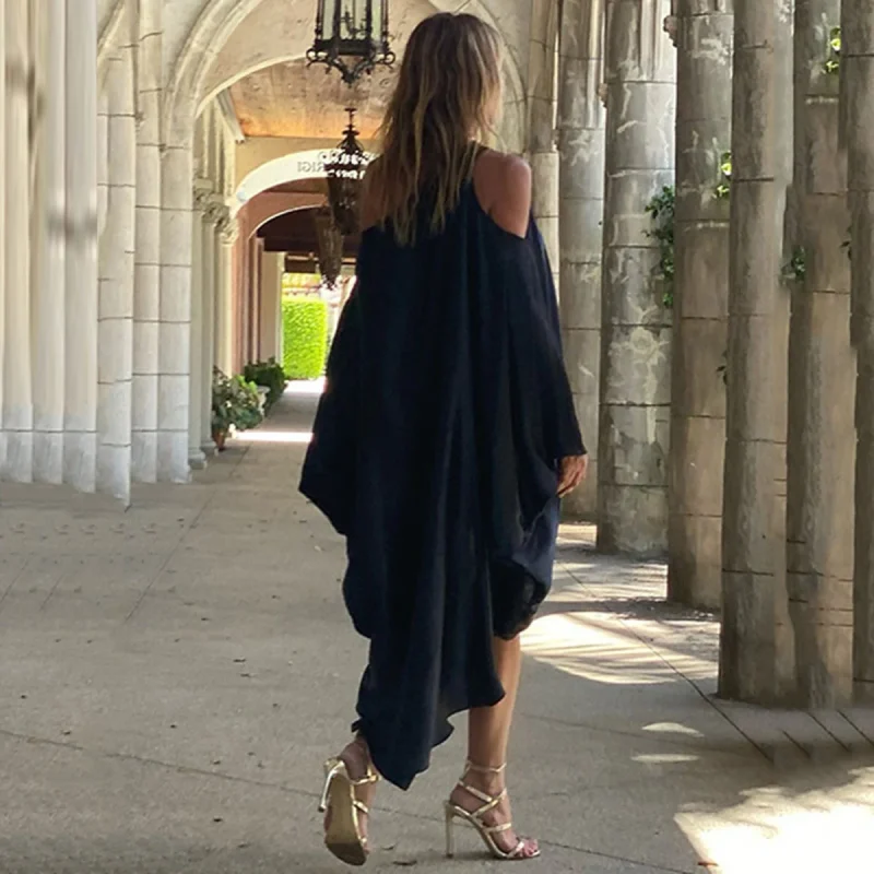 Solid Color Loose High-Low Robe Midi Dress - Image 2