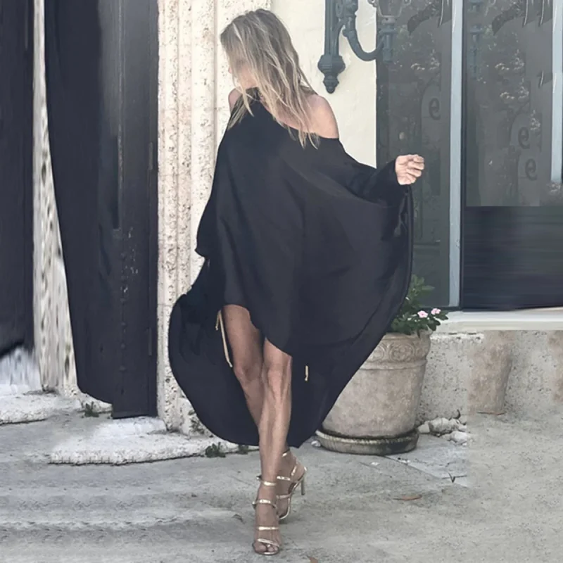 Solid Color Loose High-Low Robe Midi Dress - Image 4