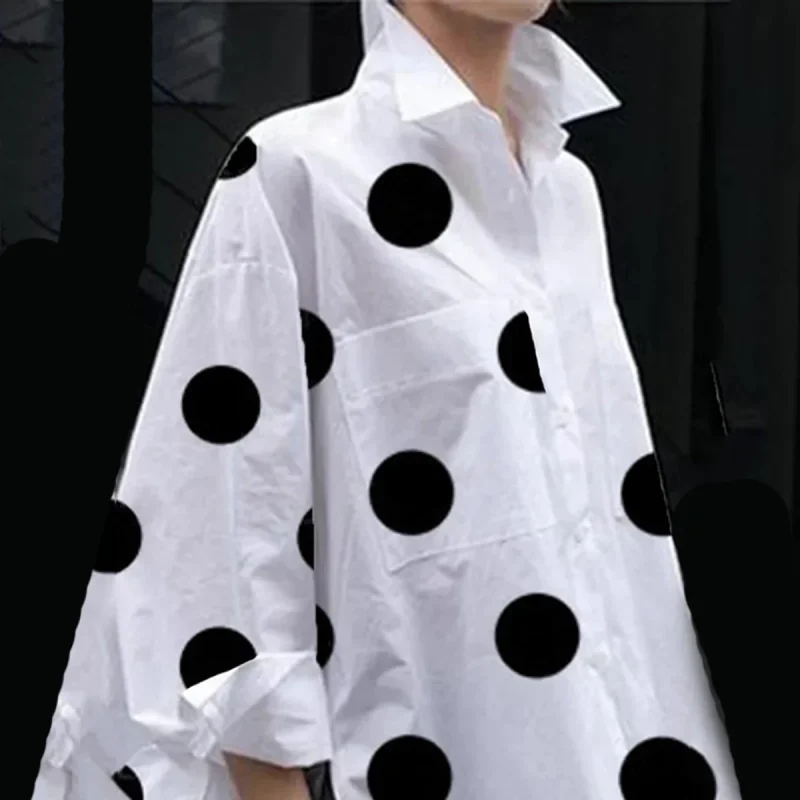 Polka-Dot Blouse Split-Side Lapel Long Sleeves Shirt - Image 3