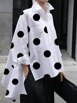 Polka-Dot Blouse Split-Side Lapel Long Sleeves Shirt