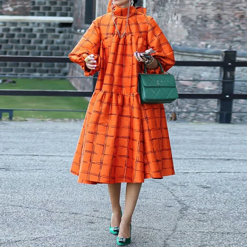 Stylish Selection Puff Sleeves Plaid High-Neck Dress - Image 3
