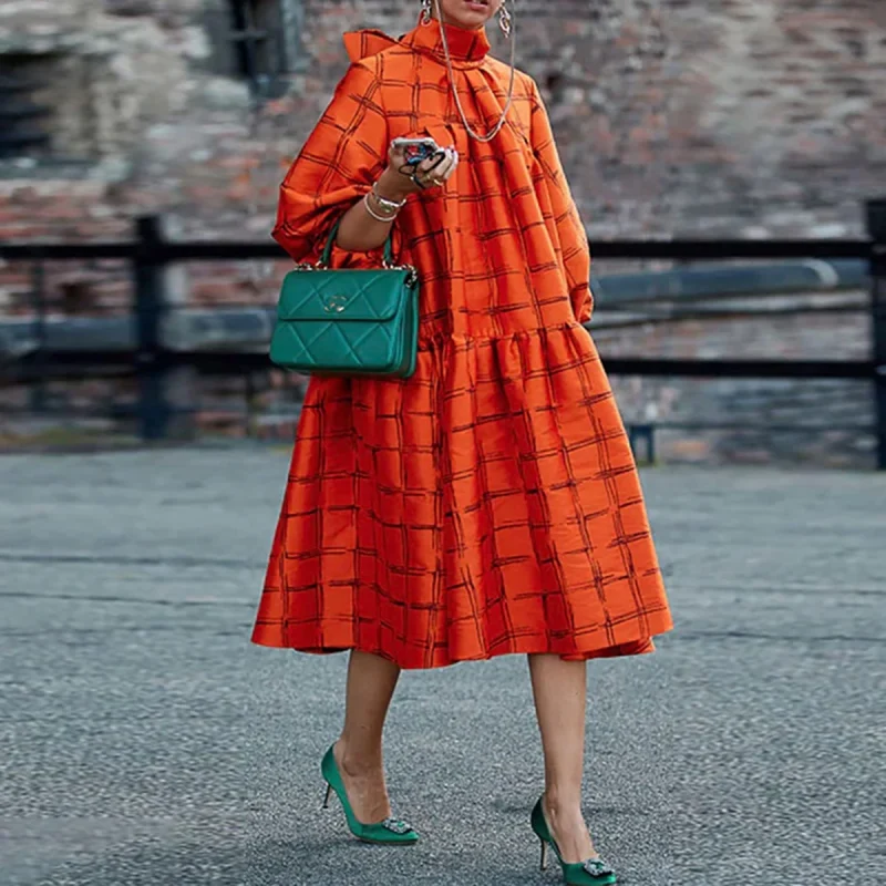 Stylish Selection Puff Sleeves Plaid High-Neck Dress - Image 4