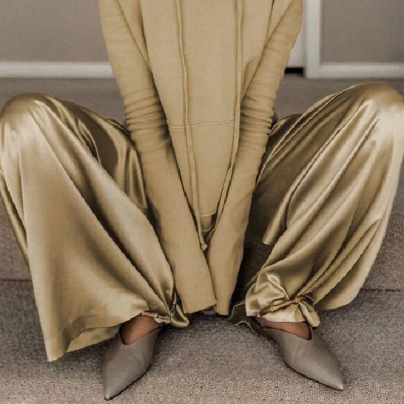 Solid Color Hoodies & High Waisted Wide Leg Pants Two Pieces Set - Image 2
