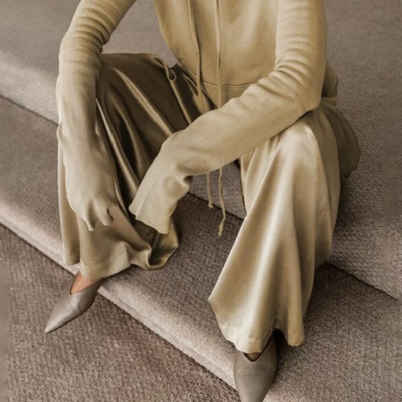Solid Color Hoodies & High Waisted Wide Leg Pants Two Pieces Set - Image 3