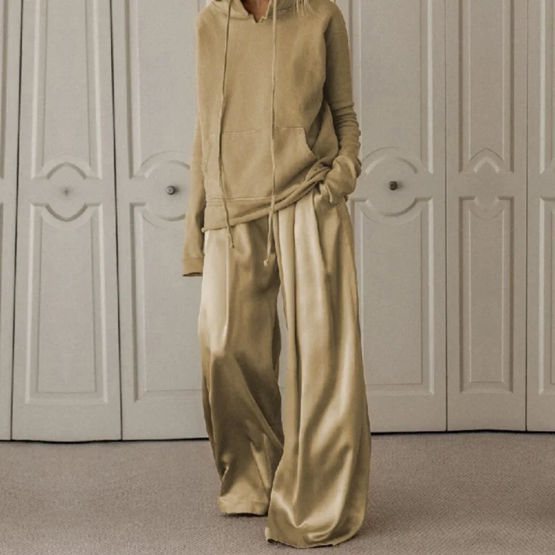 Solid Color Hoodies & High Waisted Wide Leg Pants Two Pieces Set