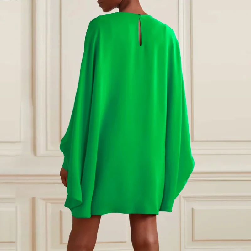 Loose Simple Long Batwing Sleeves Solid Color Round-Neck Mini Dress - Image 3